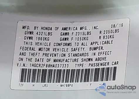 2017 Honda Accord Ex-L z USA, uszkodzony, nr VIN 1HGCR2F88HA037333